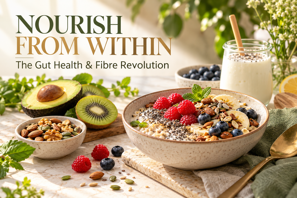 Fibre-rich breakfast with oats, berries, nuts and seeds for a healthy gut wellness routine