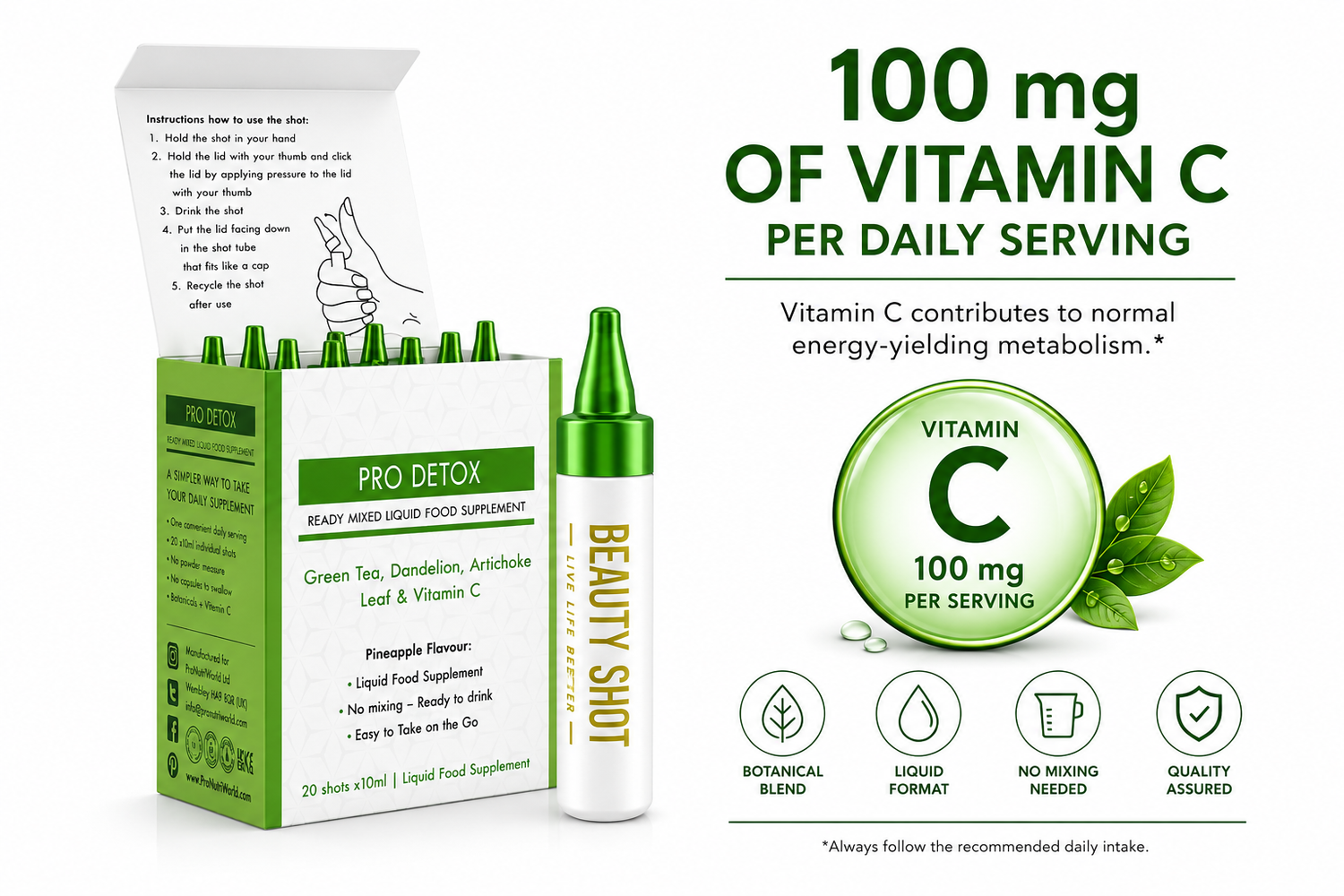 ProNutriWorld Pro Detox Botanical Liquid Food Supplement with Vitamin C | 20 × 10 ml Pineapple Liquid Shots | Green Tea, Artichoke, Dandelion, Chicory &amp; Botanical Extracts