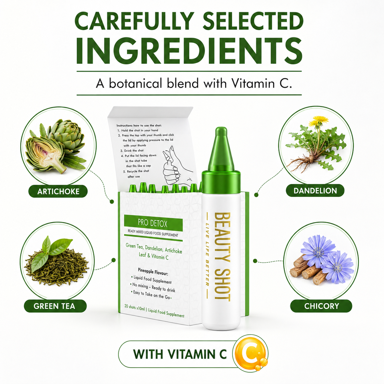 ProNutriWorld Pro Detox Botanical Liquid Food Supplement with Vitamin C | 20 × 10 ml Pineapple Liquid Shots | Green Tea, Artichoke, Dandelion, Chicory &amp; Botanical Extracts