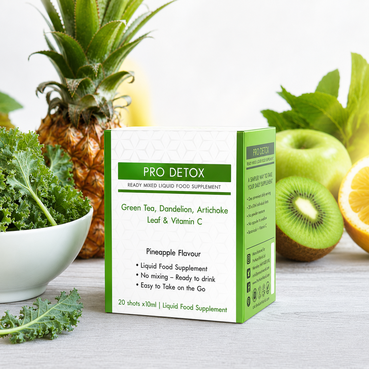 ProNutriWorld Pro Detox Botanical Liquid Food Supplement with Vitamin C | 20 × 10 ml Pineapple Liquid Shots | Green Tea, Artichoke, Dandelion, Chicory &amp; Botanical Extracts