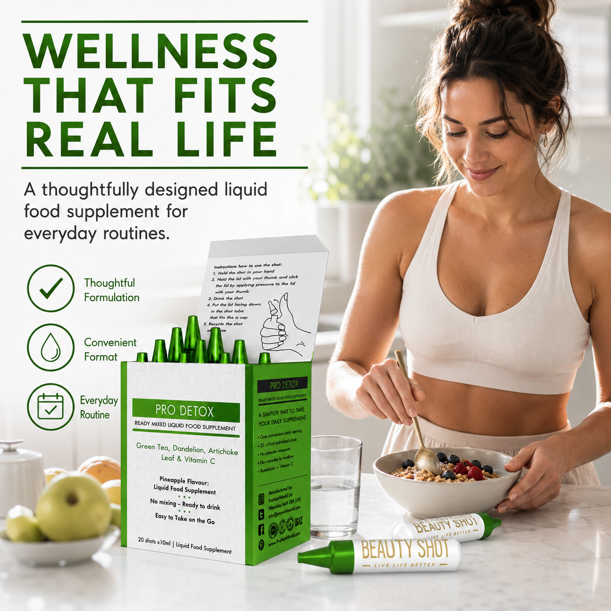 ProNutriWorld Pro Detox Botanical Liquid Food Supplement with Vitamin C | 20 × 10 ml Pineapple Liquid Shots | Green Tea, Artichoke, Dandelion, Chicory &amp; Botanical Extracts