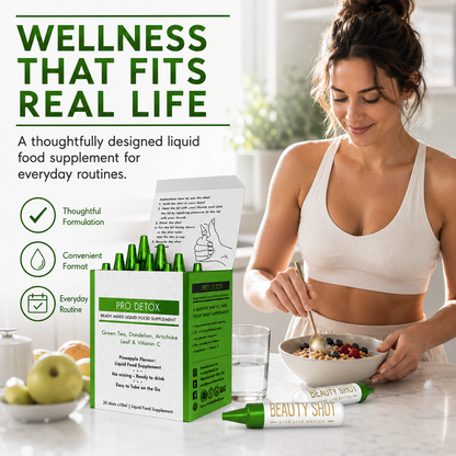 ProNutriWorld Pro Detox Botanical Liquid Food Supplement with Vitamin C | 20 × 10 ml Pineapple Liquid Shots | Green Tea, Artichoke, Dandelion, Chicory &amp; Botanical Extracts