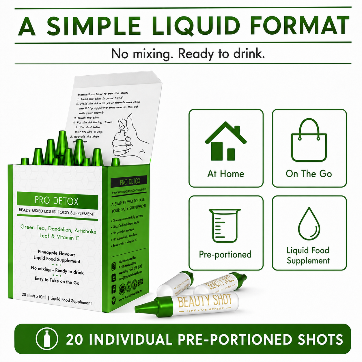 ProNutriWorld Pro Detox Botanical Liquid Food Supplement with Vitamin C | 20 × 10 ml Pineapple Liquid Shots | Green Tea, Artichoke, Dandelion, Chicory &amp; Botanical Extracts