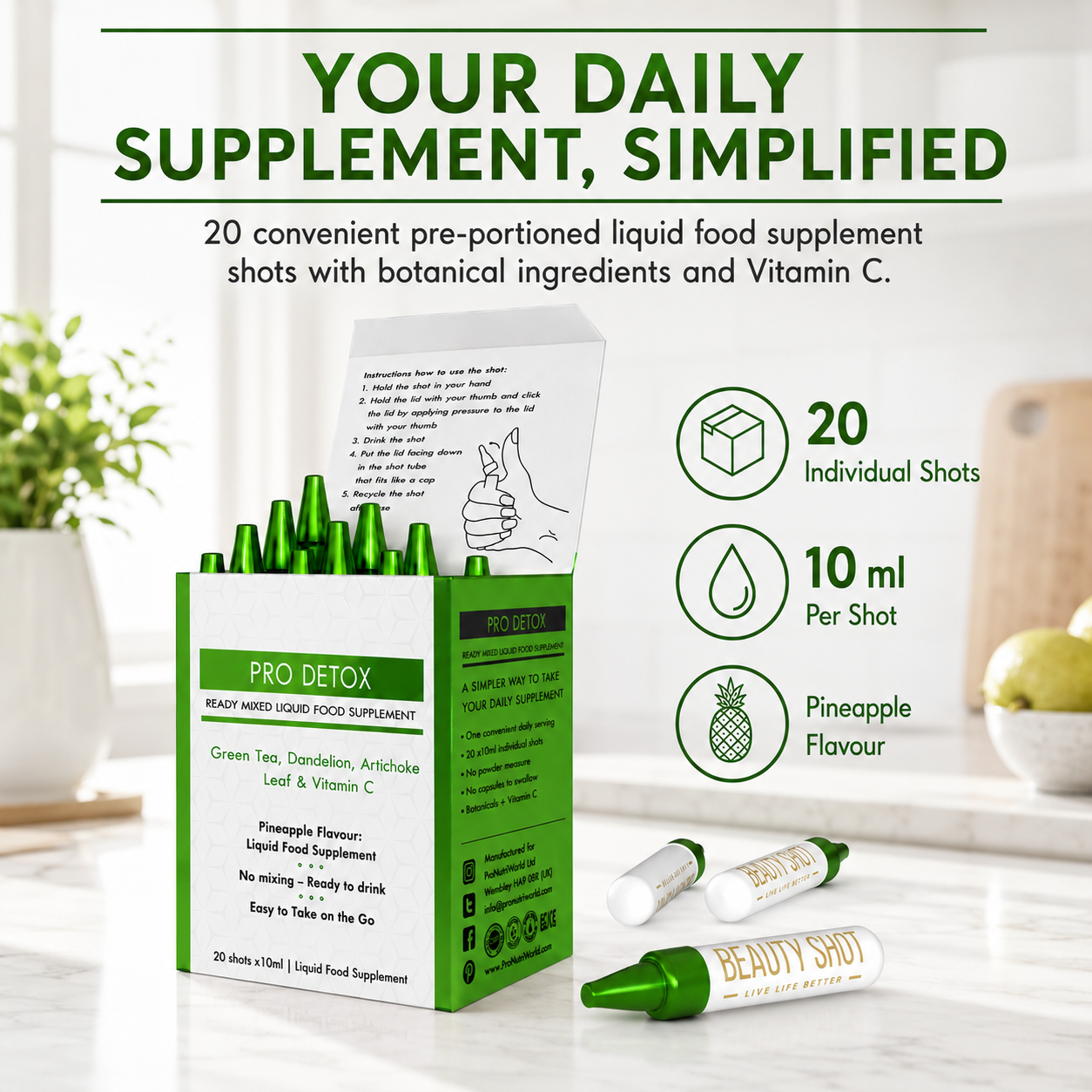 ProNutriWorld Pro Detox Botanical Liquid Food Supplement with Vitamin C | 20 × 10 ml Pineapple Liquid Shots | Green Tea, Artichoke, Dandelion, Chicory &amp; Botanical Extracts